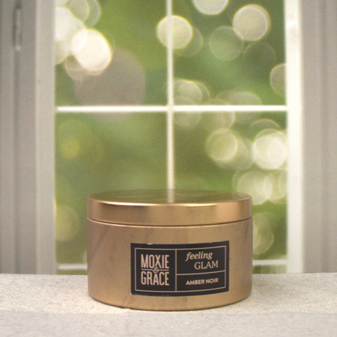 Amber Noir 5oz Candle in Copper by Moxie & Grace — a dark, sultry blend of amber, black oud, vetiver, patchouli, and smoked musk