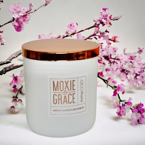 Apples Maple & Bourbon Candle in White Jar by Moxie & Grace — a cozy harvest blend of apple, maple, bourbon, cinnamon, and vanilla