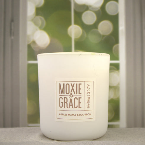 Apples Maple & Bourbon 12oz Candle in White by Moxie & Grace — a cozy harvest blend of apple, maple, bourbon, cinnamon, and vanilla