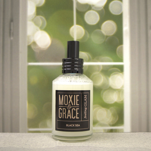 Black Sea 4oz Room Spray by Moxie & Grace — a mysterious blend of sea salt, dark musk, sandalwood, and ocean-inspired notes