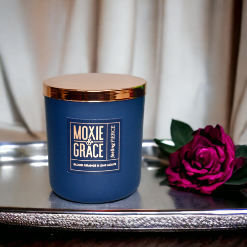 Blood Orange & Lime Agave 12oz Candle in Navy by Moxie & Grace — a bright citrus blend of blood orange, lime, agave, and warm musk