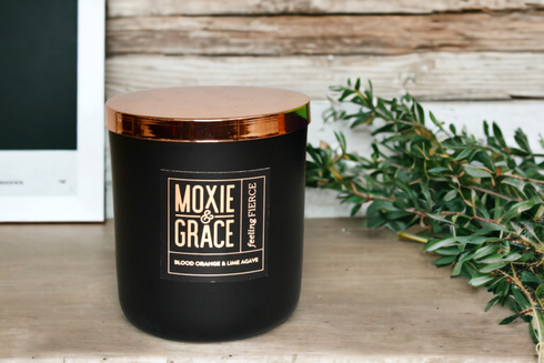 Blood Orange & Lime Agave 12oz Candle in Black by Moxie & Grace — a bright citrus blend of blood orange, lime, agave, and warm musk