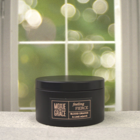 Blood Orange & Lime Agave 5oz Candle in Black by Moxie & Grace — a bright citrus blend of blood orange, lime, agave, and warm musk