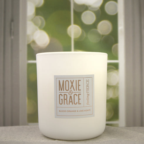 Blood Orange & Lime Agave 12oz Candle in White by Moxie & Grace — a bright citrus blend of blood orange, lime, agave, and warm musk