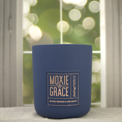 Blood Orange & Lime Agave 12oz Candle in Navy by Moxie & Grace — a bright citrus blend of blood orange, lime, agave, and warm musk