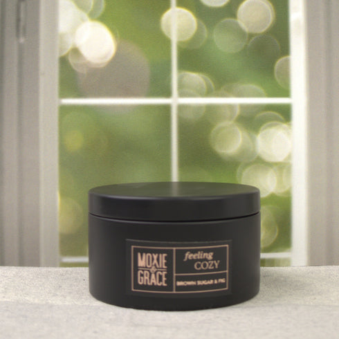 Brown Sugar & Fig 5oz Candle in Black by Moxie & Grace — a warm, indulgent blend of brown sugar, fig, vanilla, and soft musk