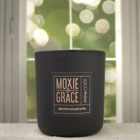 Brown Sugar & Fig 12oz Candle in Black by Moxie & Grace — a warm, indulgent blend of brown sugar, fig, vanilla, and soft musk