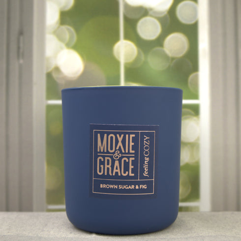 Brown Sugar & Fig 12oz Candle in Navy by Moxie & Grace — a warm, indulgent blend of brown sugar, fig, vanilla, and soft musk