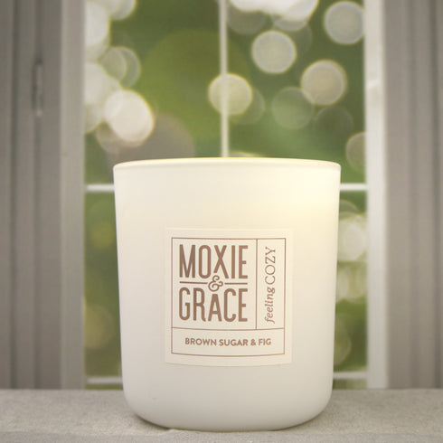 Brown Sugar & Fig 12oz Candle in White by Moxie & Grace — a warm, indulgent blend of brown sugar, fig, vanilla, and soft musk