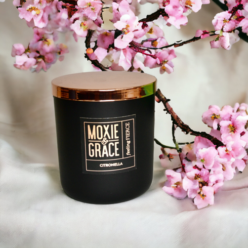 Citronella 12oz Candle in Black by Moxie & Grace — a fresh outdoor blend of citronella, lemongrass, eucalyptus, and cedar