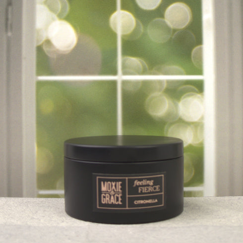 Citronella 5oz Candle in Black by Moxie & Grace — a fresh outdoor blend of citronella, lemongrass, eucalyptus, and cedar