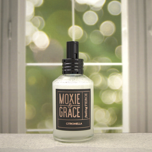 Citronella Room Spray 4oz bottle by Moxie & Grace — bright lemon peel and lemongrass fragrance for outdoor spaces, non-toxic and USA-made