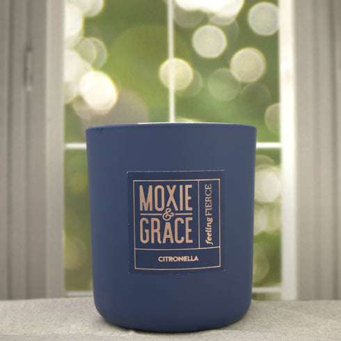 Citronella 12oz Candle in Navy by Moxie & Grace — a fresh outdoor blend of citronella, lemongrass, eucalyptus, and cedar