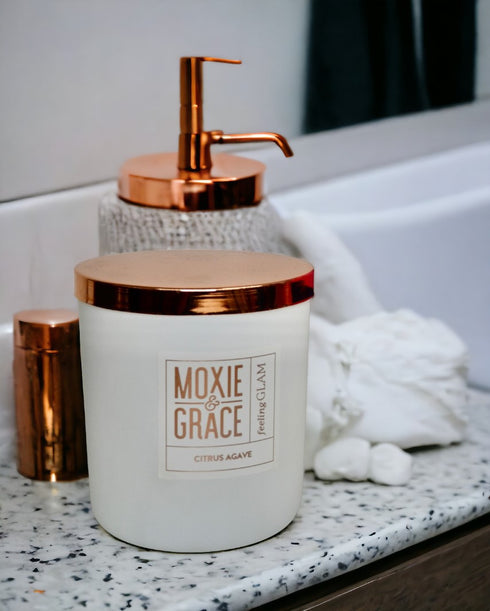 Citrus Agave Candle in White Jar by Moxie & Grace — a bright, zesty blend of citrus, agave, lemon, and warm musk