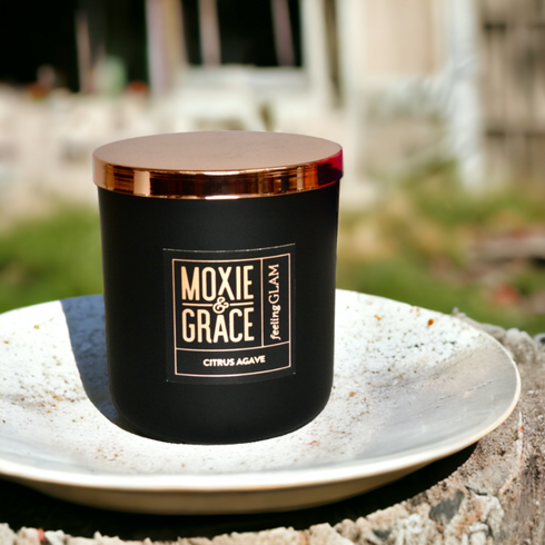 Citrus Agave 12oz Candle in Black by Moxie & Grace — a bright, zesty blend of citrus, agave, lemon, and warm musk
