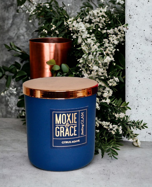 Citrus Agave 12oz Candle in Navy by Moxie & Grace — a bright, zesty blend of citrus, agave, lemon, and warm musk