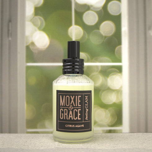 Citrus Agave Room Spray 4oz bottle by Moxie & Grace — bright orange, grapefruit, mandarin, and agave nectar fragrance, non-toxic and USA-made