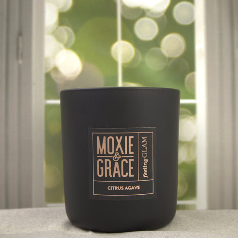 Citrus Agave 12oz Candle in Black by Moxie & Grace — a bright, zesty blend of citrus, agave, lemon, and warm musk