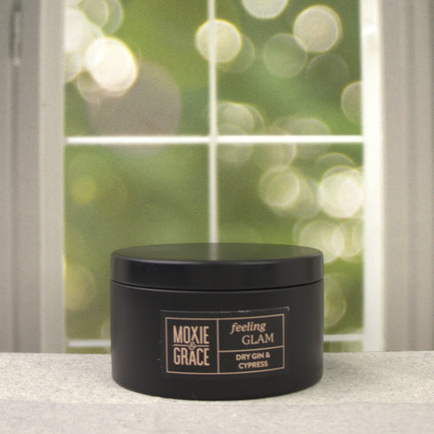 Dry Gin & Cypress 5oz Candle in Black by Moxie & Grace — a sophisticated blend of juniper, cedar, cypress, and leather-inspired notes