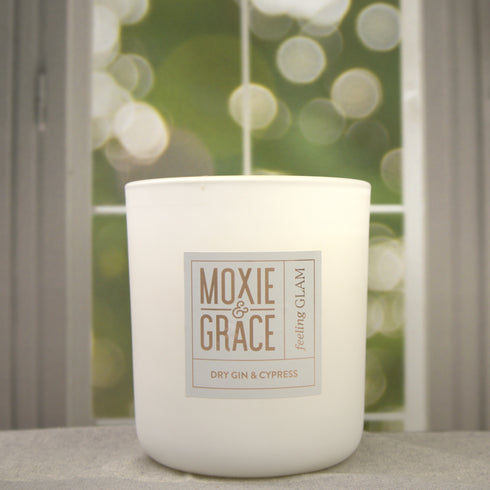 Dry Gin & Cypress 12oz Candle in White by Moxie & Grace — a sophisticated blend of juniper, cedar, cypress, and leather-inspired notes