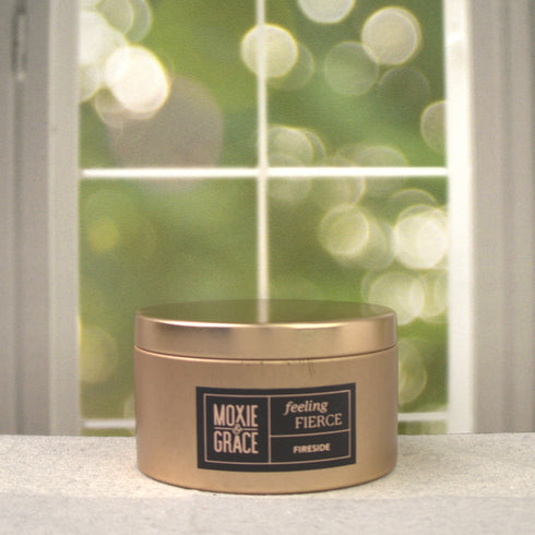 Fireside 5oz Candle in Copper by Moxie & Grace — a warm, smoky blend of cedarwood, sandalwood, birch, and smoked amber