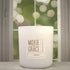 Fireside 12oz Candle in White by Moxie & Grace — a warm, smoky blend of cedarwood, sandalwood, birch, and smoked amber
