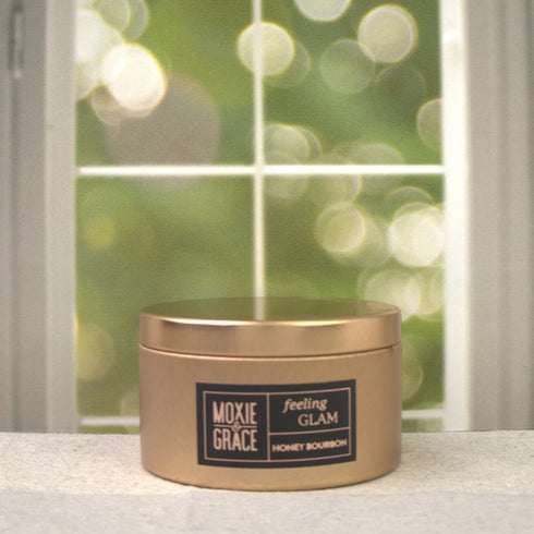 Honey Bourbon 5oz Candle in Copper by Moxie & Grace — a rich, warming blend of honey, bourbon, vanilla, amber, and oak