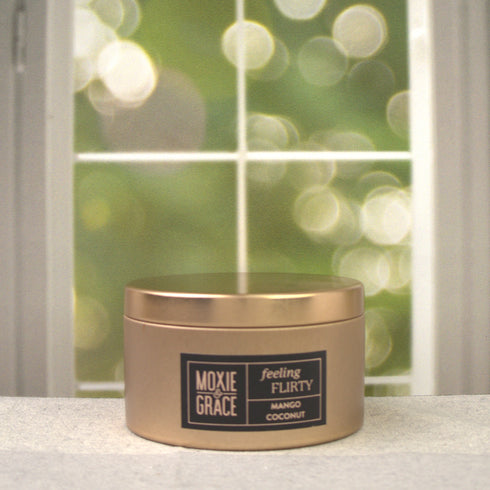 Mango Coconut 5oz Candle in Copper by Moxie & Grace — a tropical blend of ripe mango, coconut milk, vanilla, and warm musk