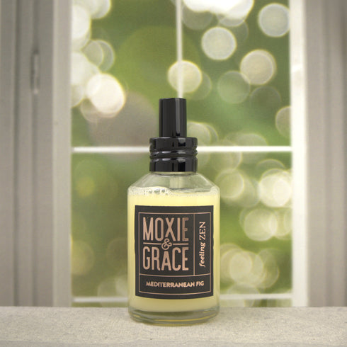 Mediterranean Fig Room Spray 4oz bottle by Moxie & Grace — fresh ripe fig, jasmine, floral greens, and earthy moss fragrance, non-toxic and USA-made