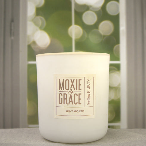 Mint Mojito 12oz Candle in White by Moxie & Grace — a crisp, refreshing blend of spearmint, lime, sugarcane, and fresh herbs