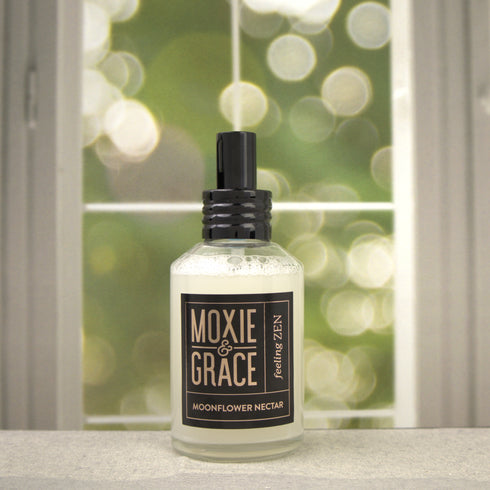 Moonflower Nectar 4oz Room Spray by Moxie & Grace — an enchanting blend of pear, agave, marine florals, dark musk, and amber