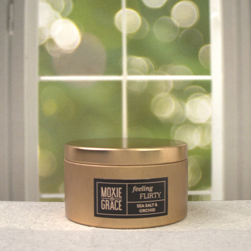 Sea Salt & Orchid 5oz Candle in Copper by Moxie & Grace — a coastal floral blend of sea salt, freesia, orchid, tonka bean, and amber