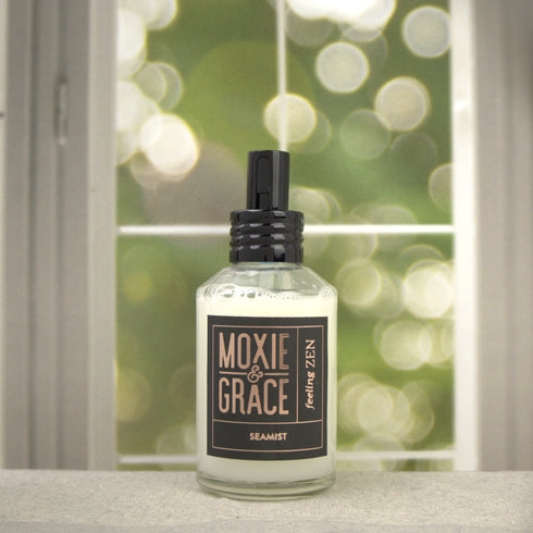 Seamist Room Spray 4oz bottle by Moxie & Grace — fresh sea salt, citrus, jasmine, and amber coastal fragrance, non-toxic and USA-made