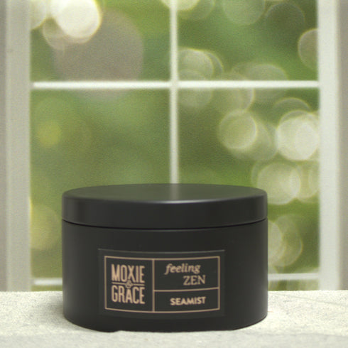 Seamist 5oz Candle in Black by Moxie & Grace — a fresh, airy blend of sea mist, driftwood, eucalyptus, and soft marine notes