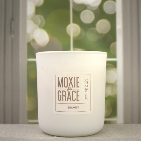 Seamist 12oz Candle in White by Moxie & Grace — a fresh, airy blend of sea mist, driftwood, eucalyptus, and soft marine notes