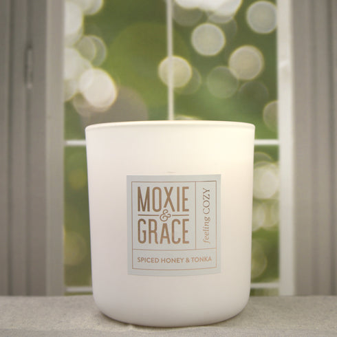 Spiced Honey & Tonka 12oz Candle in White by Moxie & Grace — a warm blend of honey, tonka bean, cinnamon, clove, and vanilla