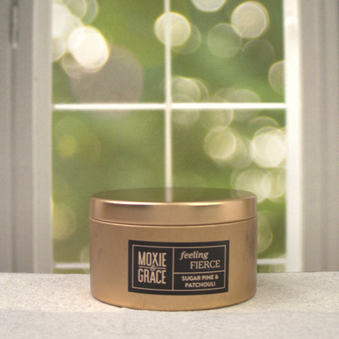 Sugar Pine & Patchouli 5oz Candle in Copper by Moxie & Grace — an earthy, woodsy blend of pine, patchouli, cedar, and warm musk