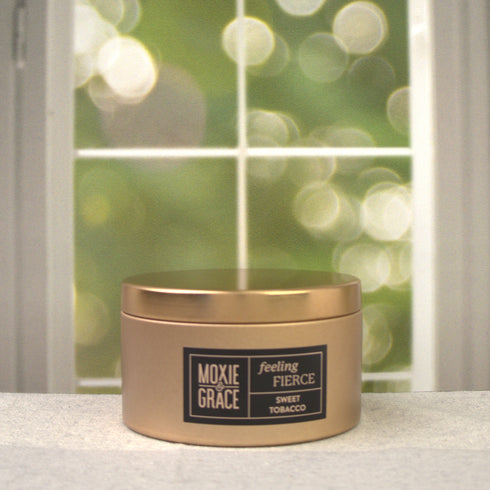 Sweet Tobacco 5oz Candle in Copper by Moxie & Grace — a rich, warm blend of tobacco, vanilla, honey, amber, and dark musk