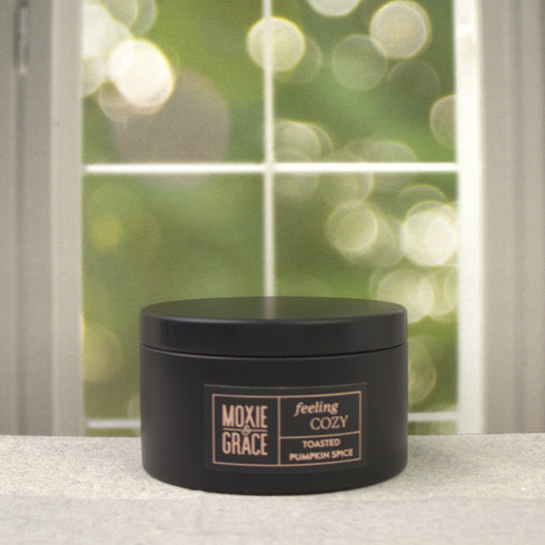 Toasted Pumpkin Spice 5oz Candle in Black by Moxie & Grace — a cozy blend of pumpkin, cinnamon, nutmeg, clove, and vanilla