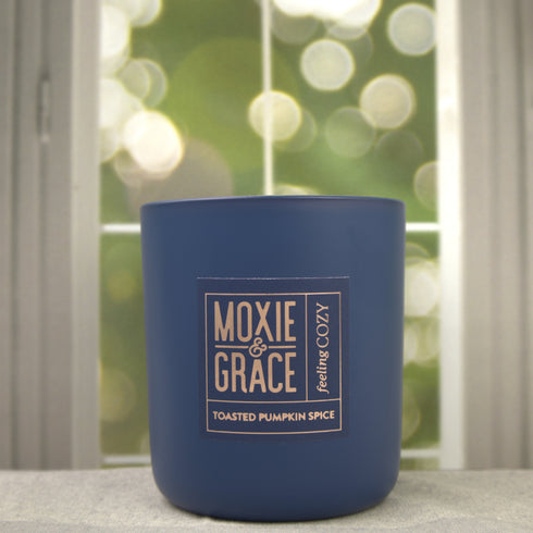 Toasted Pumpkin Spice 12oz Candle in Navy by Moxie & Grace — a cozy blend of pumpkin, cinnamon, nutmeg, clove, and vanilla