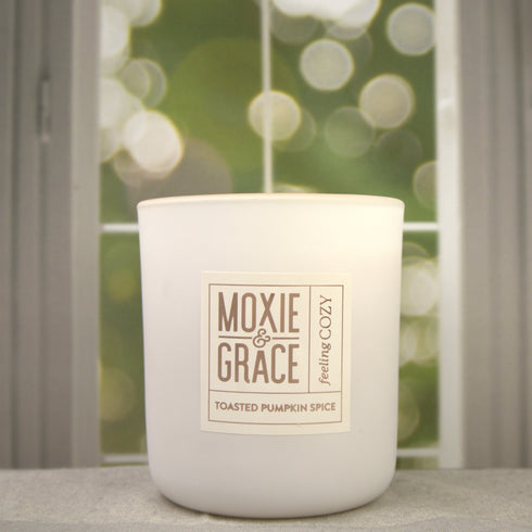 Toasted Pumpkin Spice 12oz Candle in White by Moxie & Grace — a cozy blend of pumpkin, cinnamon, nutmeg, clove, and vanilla