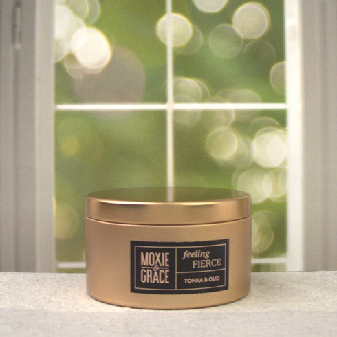 Tonka & Oud 5oz Candle in Copper by Moxie & Grace — a luxurious blend of oud, tonka bean, sandalwood, amber, and dark musk