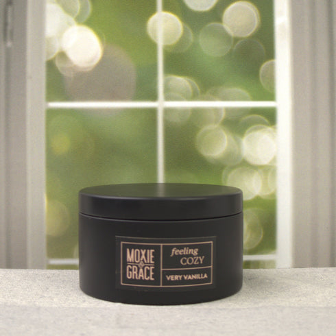 Very Vanilla 5oz Candle in Black by Moxie & Grace — a rich, warm blend of vanilla bean, tonka, caramel, and soft musk
