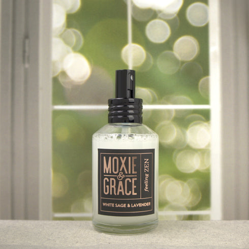 White Sage & Lavender Room Spray 4oz bottle by Moxie & Grace — calming white sage, lavender, rosemary, and sandalwood fragrance with natural essential oils, non-toxic and USA-made