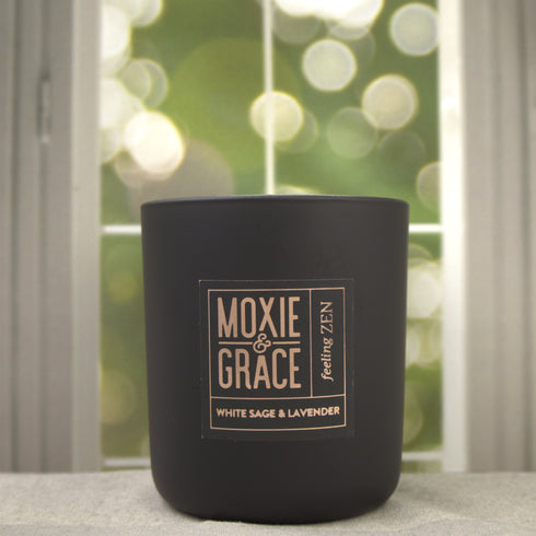 White Sage & Lavender 12oz Candle in Black by Moxie & Grace — a calming, herbal blend of white sage, lavender, eucalyptus, and soft musk