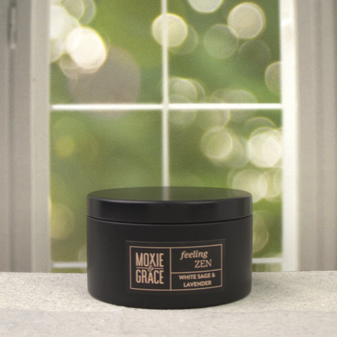 White Sage & Lavender 5oz Candle in Black by Moxie & Grace — a calming, herbal blend of white sage, lavender, eucalyptus, and soft musk