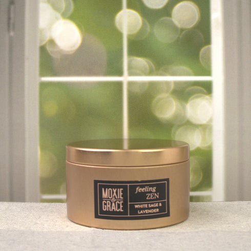 White Sage & Lavender 5oz Candle in Copper by Moxie & Grace — a calming, herbal blend of white sage, lavender, eucalyptus, and soft musk