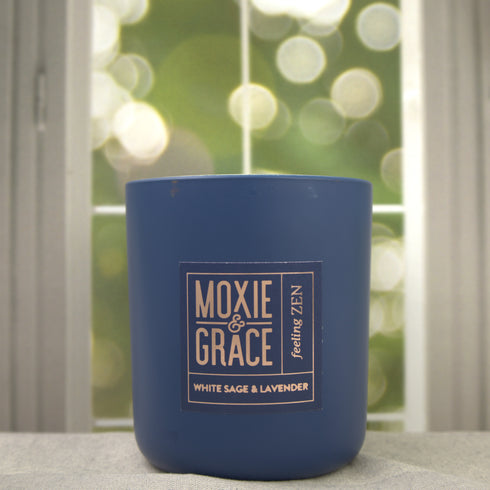 White Sage & Lavender 12oz Candle in Navy by Moxie & Grace — a calming, herbal blend of white sage, lavender, eucalyptus, and soft musk